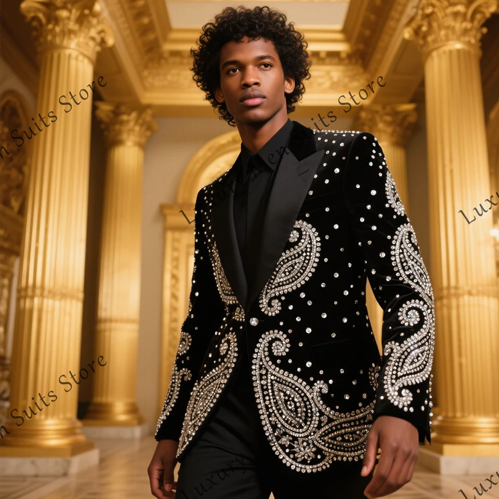 

Luxury Crystal Suit for Male 2 Pieces Glitter Diamond Wedding Tuxedos Groom Outfit Customized Blazer Pants roupas masculinas