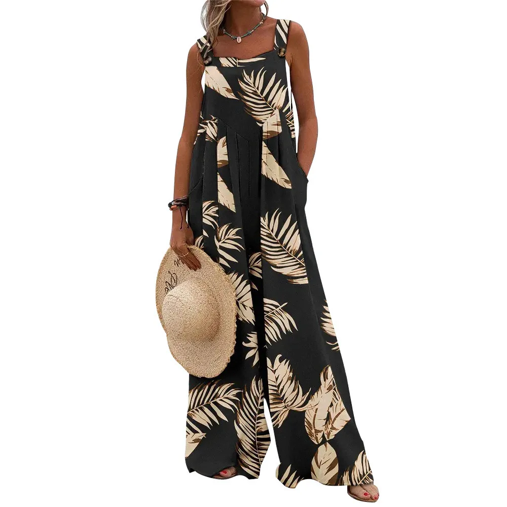 

2023 Summer New Print Sleeveless Loose Casual Suspender Jumpsuit Wide Leg Pants Women Jumpsuit Women Elegance