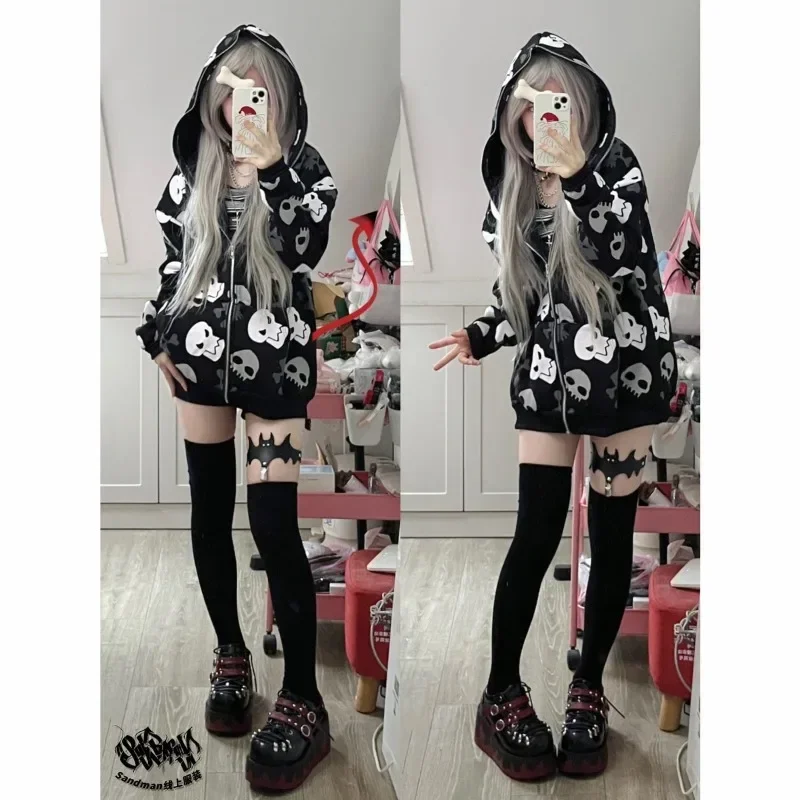 Autumn Winter Harajuku Grunge Vintage Zip Up Hoodies Women Gothic Skull Print Japanese Fashion Sweatshirt Streetwear Y2k Clothes
