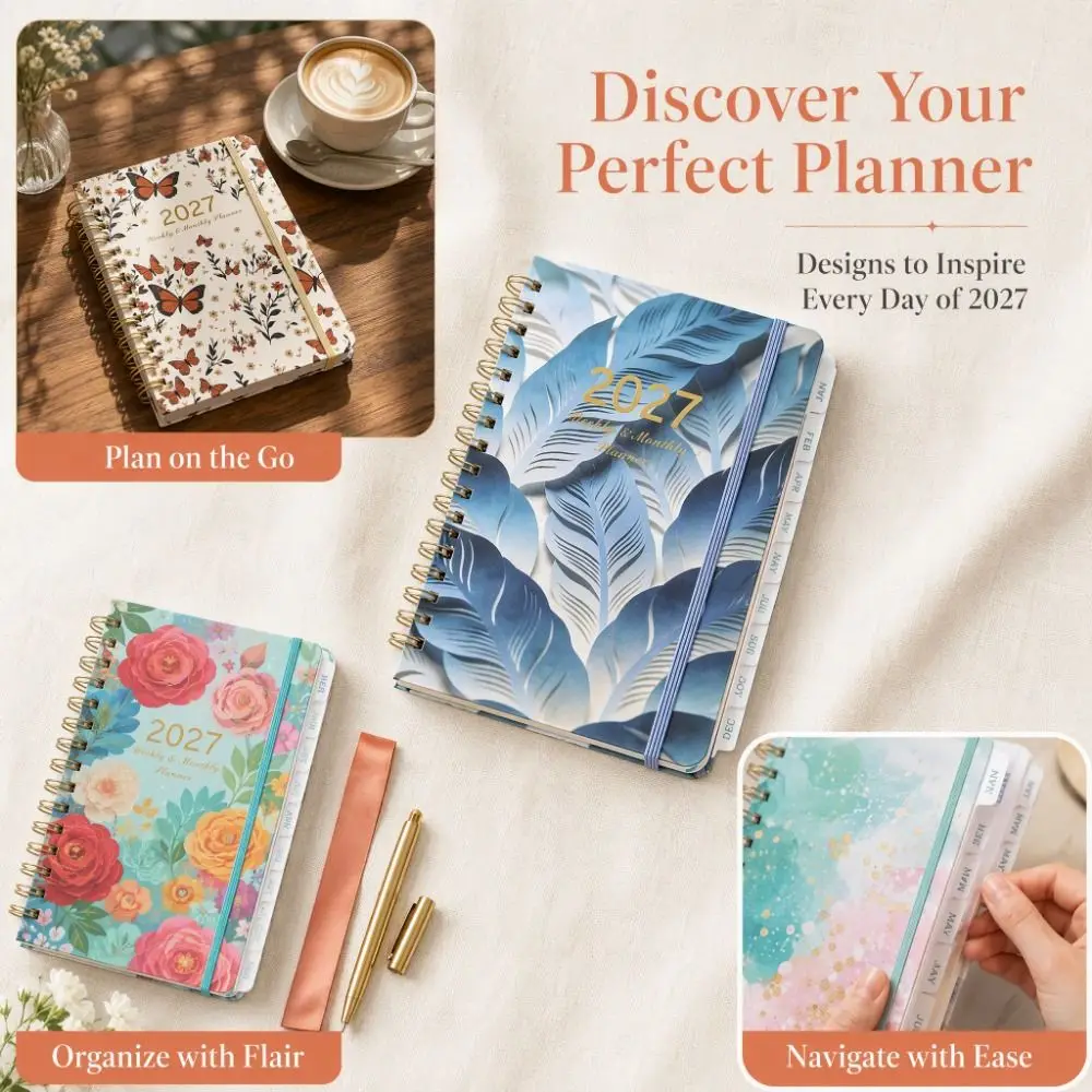 A5 2027 Planner Notebook Floral Pattern Weekly & Monthly Planner Floral Spiral Notebook Spiral Bound Thick Pages Schedule Book