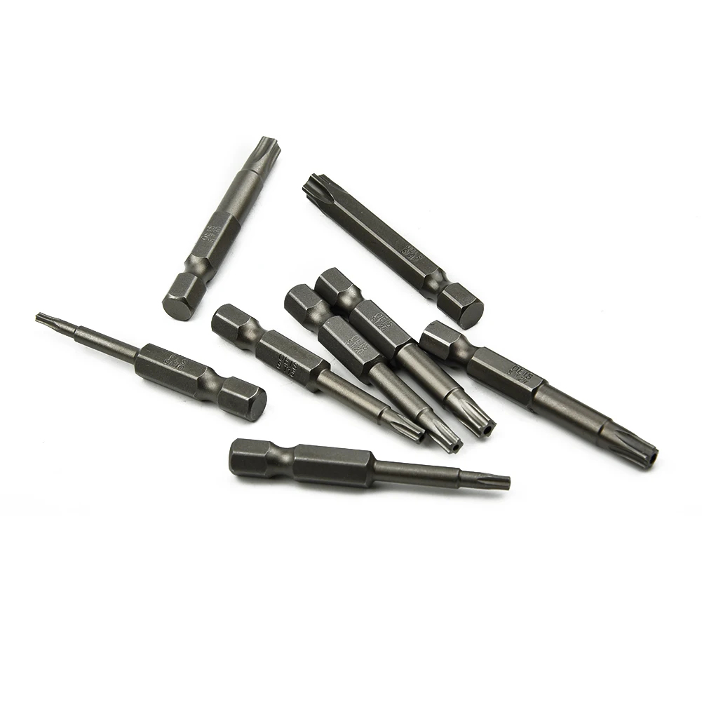 8pcs 50mm 5 Point To/rx Drive Bit Set 1/4" Hex Shank Electric Screwdriver Bit Kit T8-T40 Power Tools With Center Hole