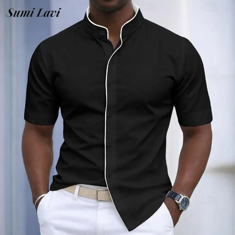 

Vintage Mens Slim Fit Shirts Spring Summer New Casual Short Sleeve Breathable Shirt Fashion Stand Collar Buttoned Men Shirt