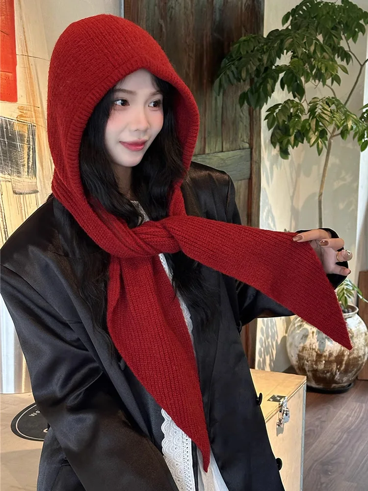 2024 Autumn and Winter New Solid Knitted Hat Women's Shawl Integrated Dual-Use Outdoor Thick Warm Neck Guard Scarf