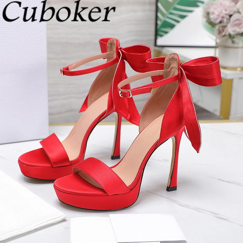 

2024 Summer Satin Bowknot High Heel Platform Sandals Women Peep Toe Ankle Buckle Pumps Sexy Party Wedding Sandalias Femininas