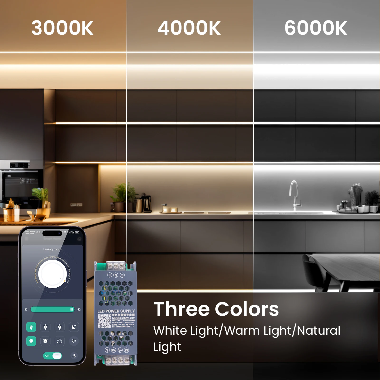 24V CCT COB LED Strip Kit With Bluetooth Dimmerable Power Adapter 3000K 4000K 6000K 576LEDs/M Flexible Ribbon Light 1M-10M Set