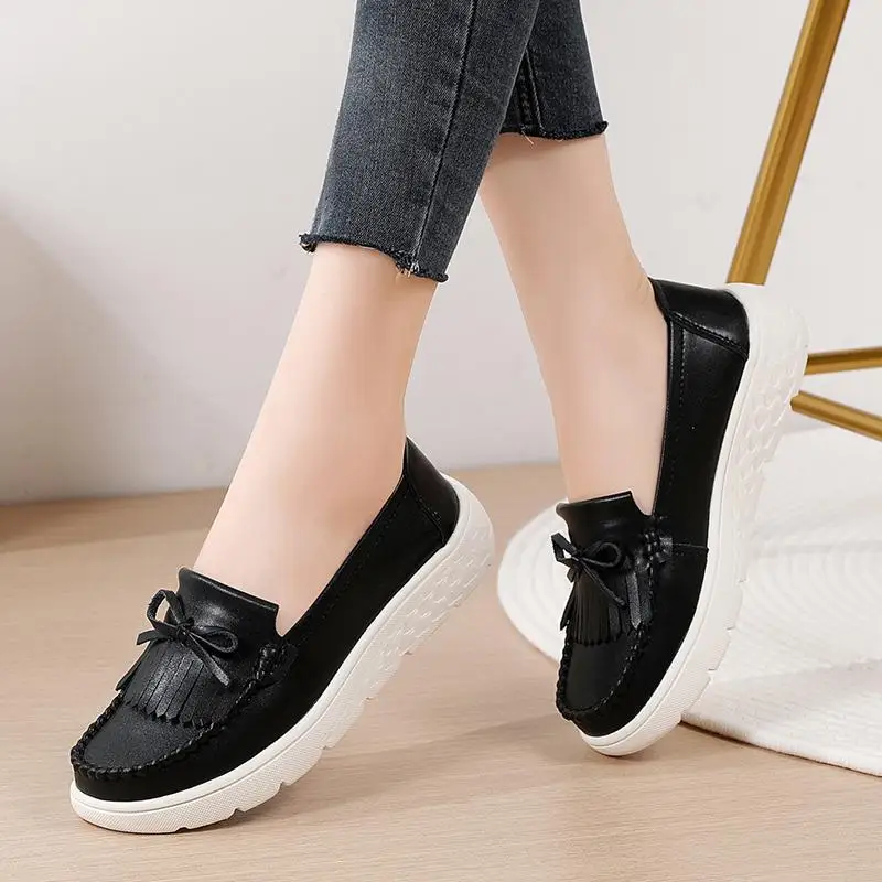 

2024 New Genuine Leather Pumps Women's Flat All-Match Fashion Beanie Square Toe Ballet Shoes Loafers