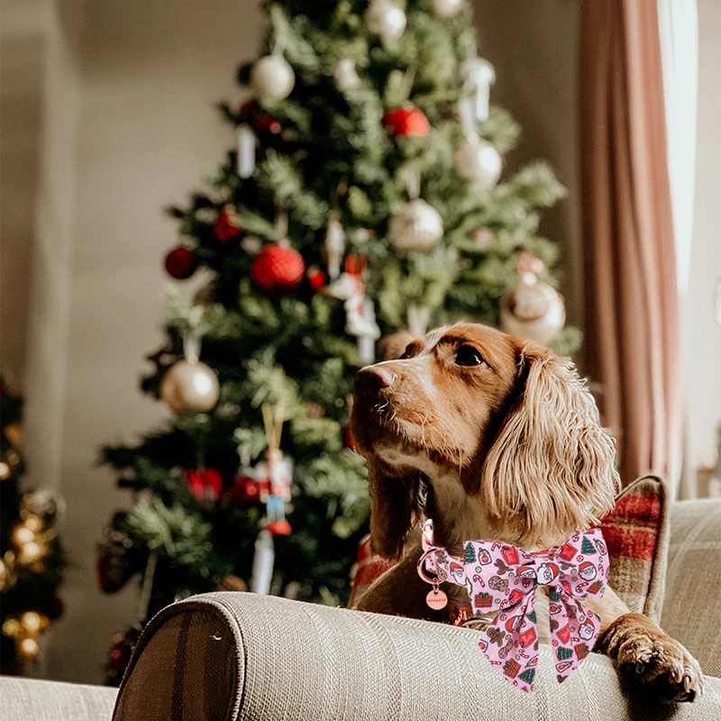 Unique Style Paws Christmas Dog Collar with Bow Pink Santa Claus Dog Collar Cute Puppy Necklace for Large Medium Small Dog