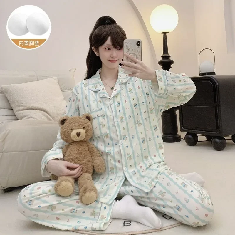 M-5XL Plus Size Women Pajamas Spring Cartoon Cute Sleepwear Long-Sleeved Button Down Top Trousers Loose Homesuit Cozy Loungewear