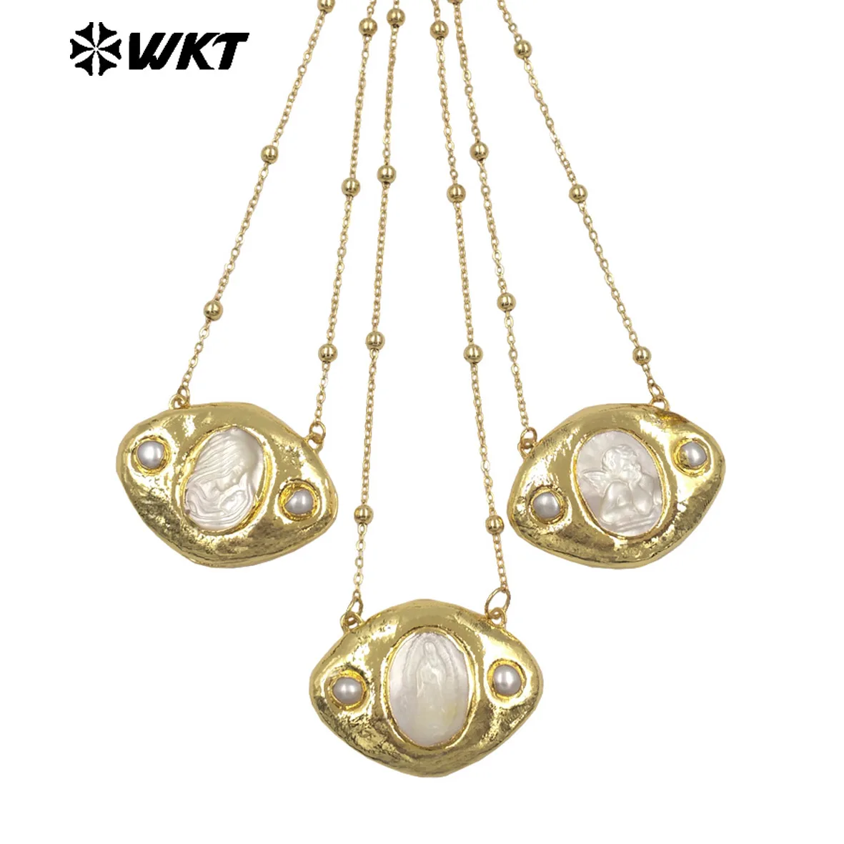 

WT-JN388 Factory Wholesale Gold Plated Chain With Religious Style Mother Of Pearl Pendant Necklace For Women Unique Jewelry