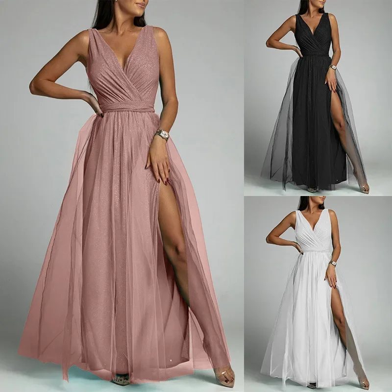 

Sexy Crossover V Neck Dress Women Elegant Party Shrink Waist Sleeveless Dressy Female Split Hem Shiny Decoration Princess Skirt