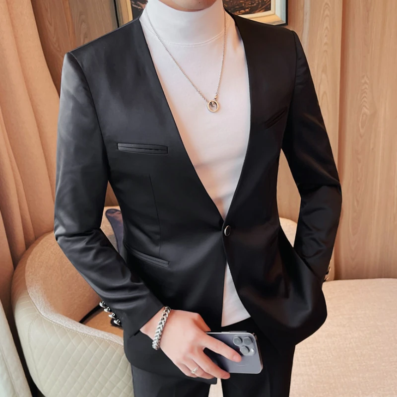 Luxury Solid Color Blazer Men Collarless Single Button Casual Business Suit Jacket Banquet Party Coat Uniform Wedding Social