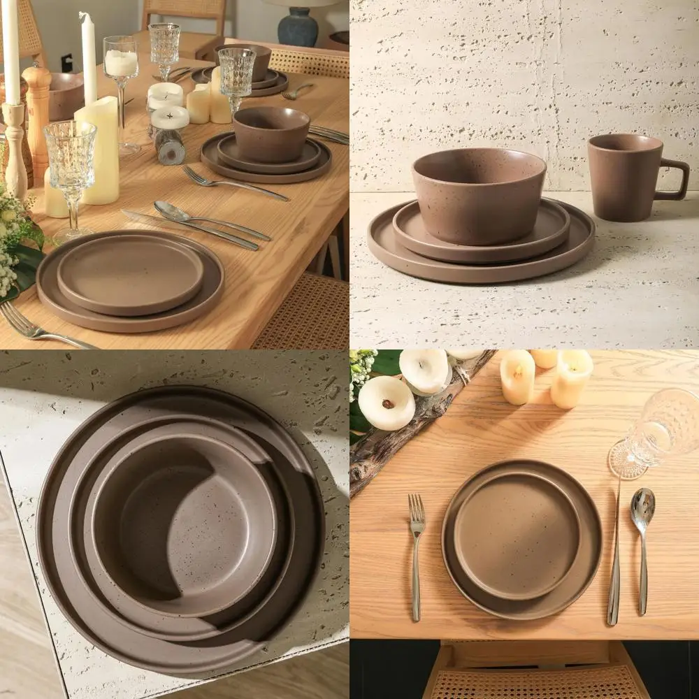 

16-Piece Earthenware Dinnerware Set, Brown, Plates and Bowls, Microwave & Dishwasher Safe, Service for 4