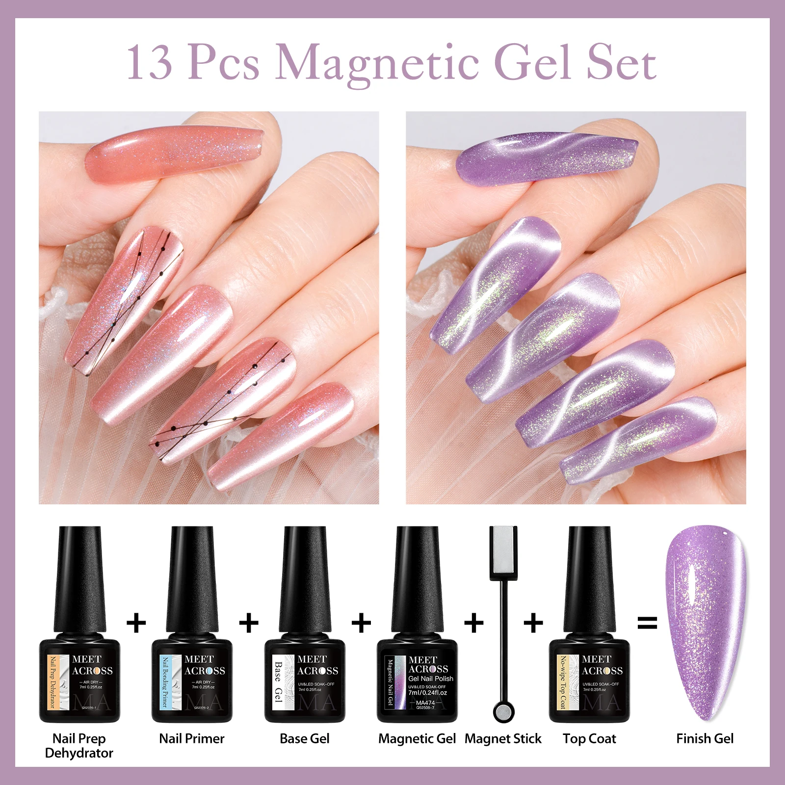 MEET ACROSS ジェルネイルポリッシュ 12 個、磁気スティック 1 個、サーマルグリッターキャットマグネット、ベーストップコート & ネイルプライマー乾燥機付き