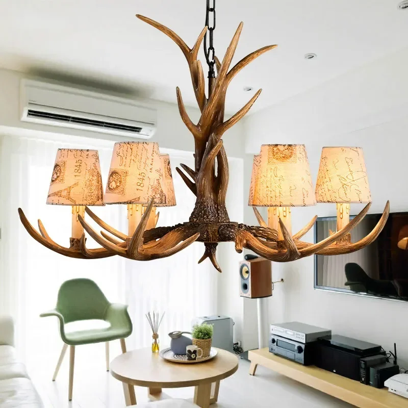 6 Lights Vintage Deer Chandelier Antlers Resin Chandeliers Candle Fixtures with Alphabet Cloth Lampshade Christmas Decor Lustres