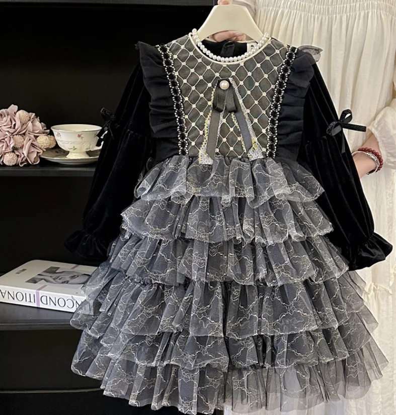 Retail New Baby Girls Boutique Winter Black Lace Fleece Cake Dress, Princess Kids Sweet Party Birthday Dress 3-8T