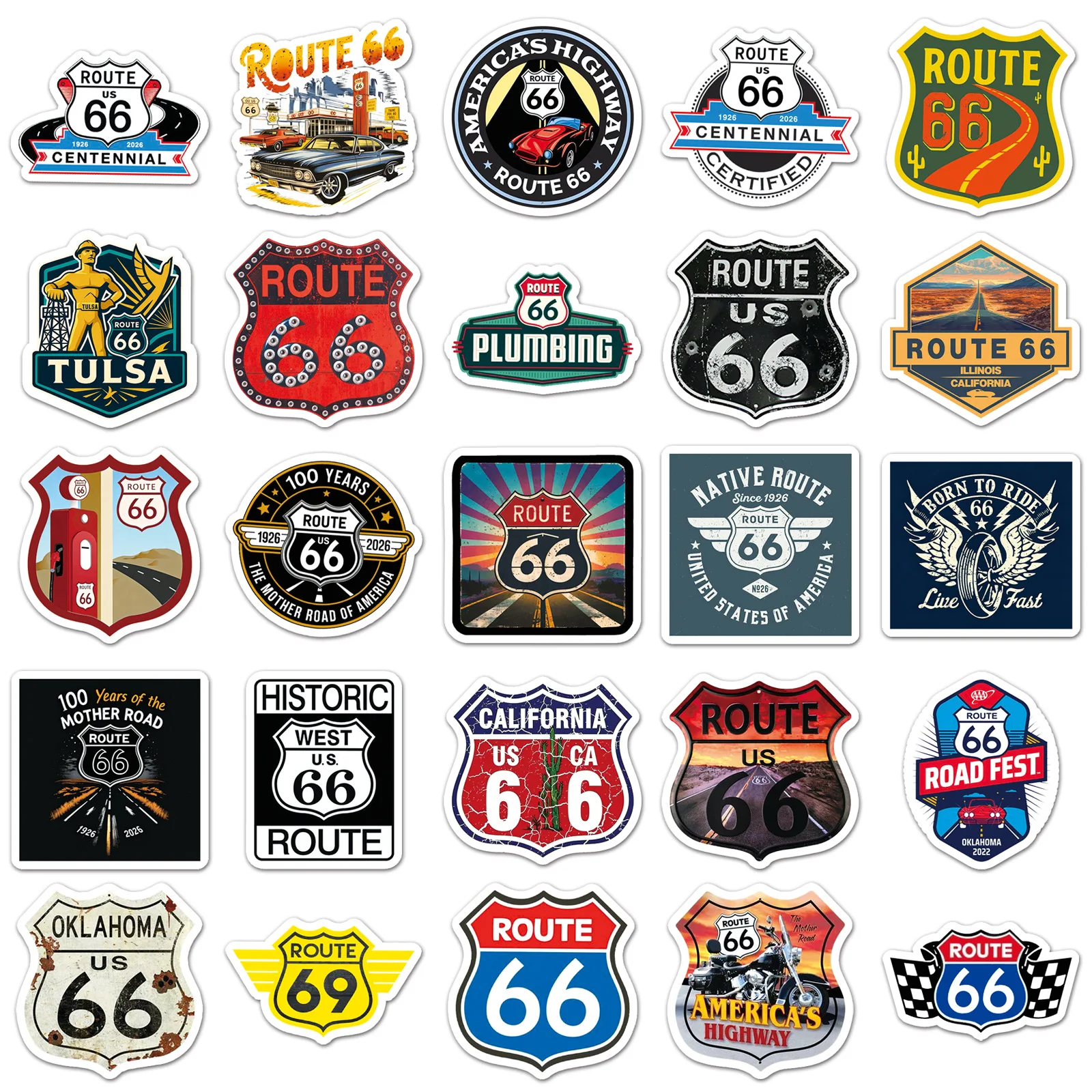50PCS Route 66 Highway Sign Stickers Cartoon Sign DIY Decorable iPad Laptop Headphones Water Cup Waterproof Stickers Kids Toy