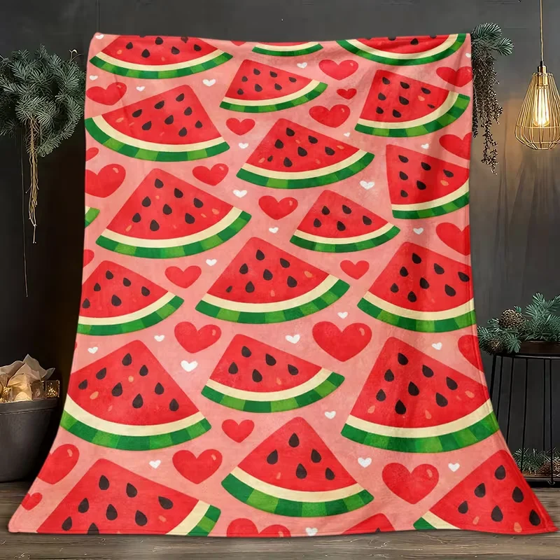 Manta Suave y Cálida con Diseño de Corazón Rojo y Rodaja de Sandía de Dibujos Animados, Ideal para Dormitorio