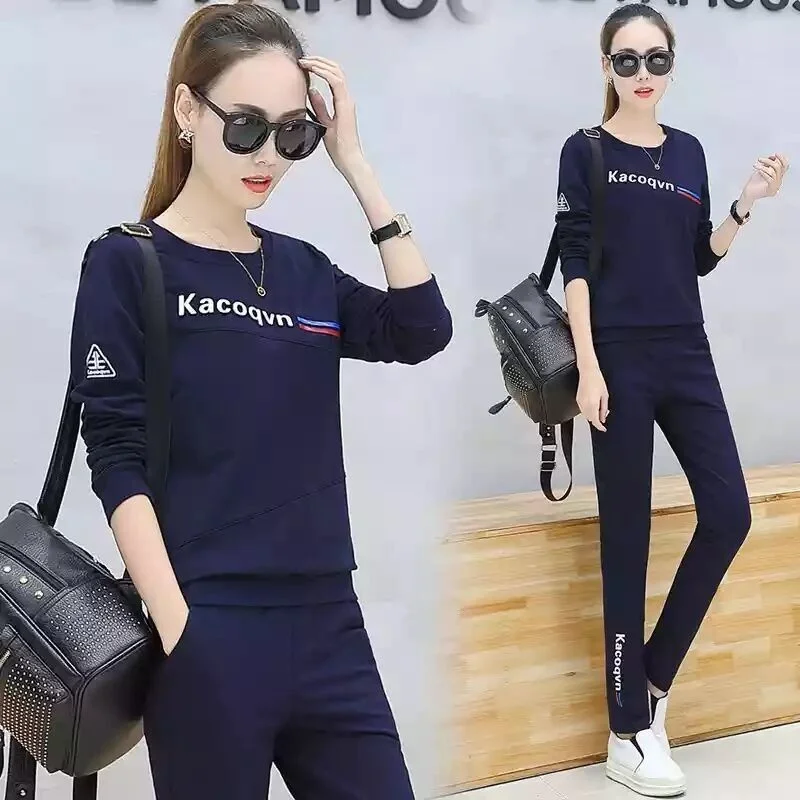 Women\'s Casual Sports Suit Spring Summer New Korean Style Loose Short Sleeve Top And Pants Two Piece Set Student Running Outfits