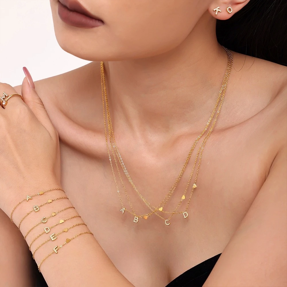 

Stainless Steel 26 Letter Zircon Jewelry Set Combination PVD Real Gold Color Retaining Necklace Bracelet Gold