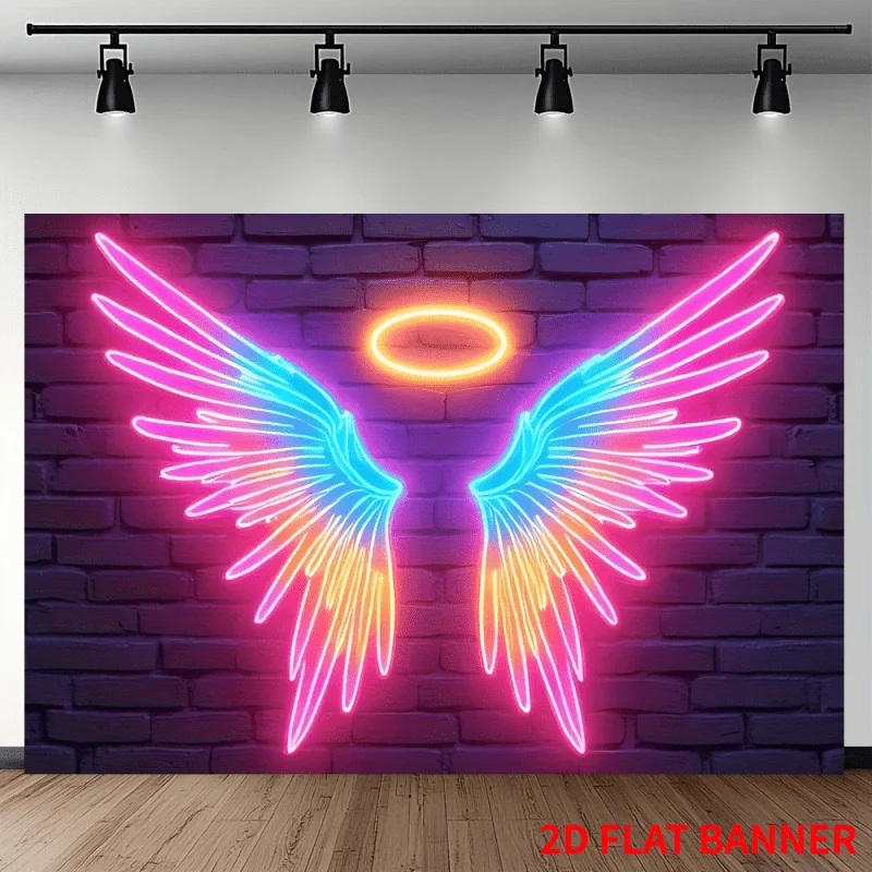 Neon Angel Wings Tapestry - Cyberpunk Style Wall Decor, Glowing Halo & Wings, Colorful Light Effect, Polyester, Multiple Sizes