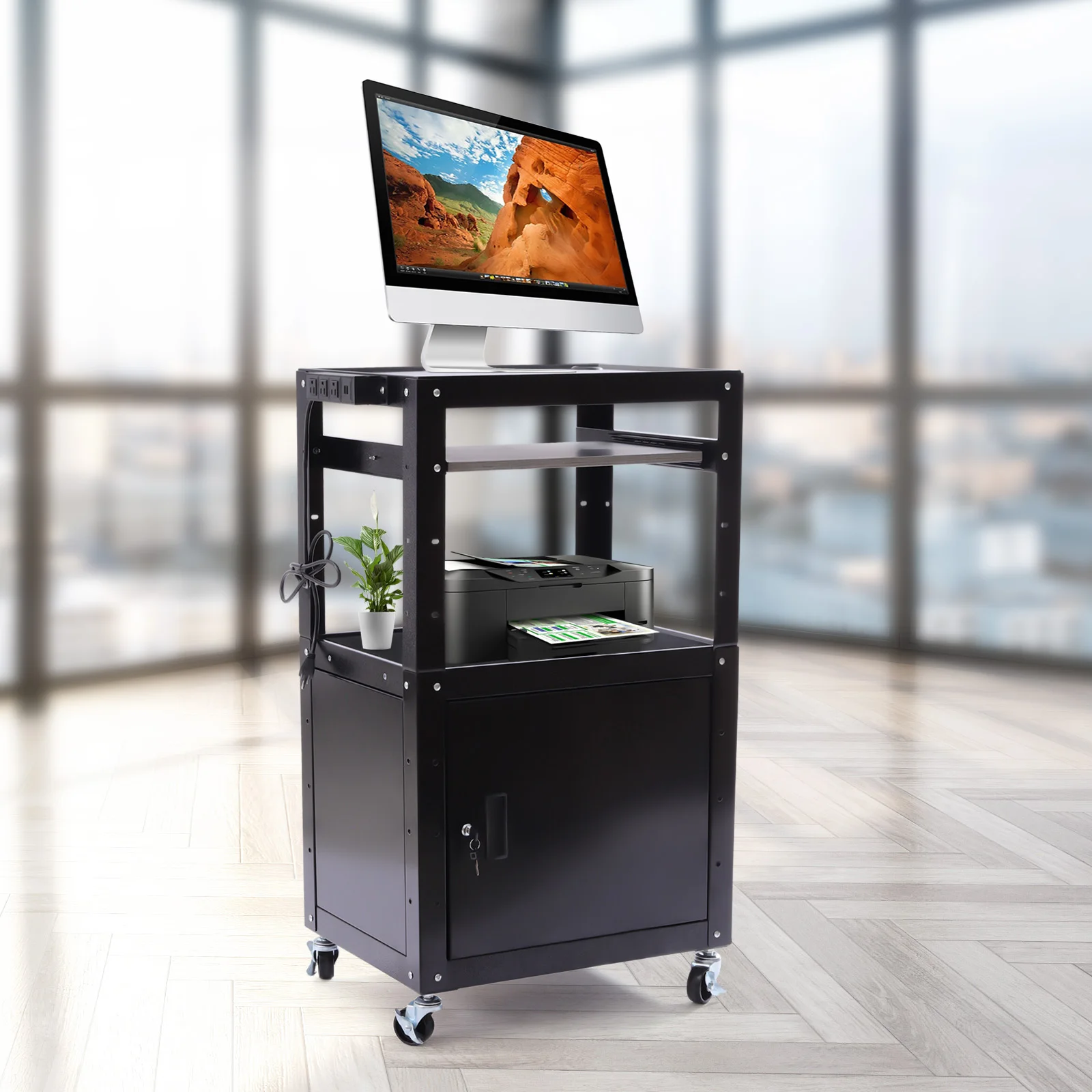 

Steel Large AV Cart with Extra Storage - Adjustable Height Cart with Locking Cabinet, Pullout Tray for Classrooms, Offices