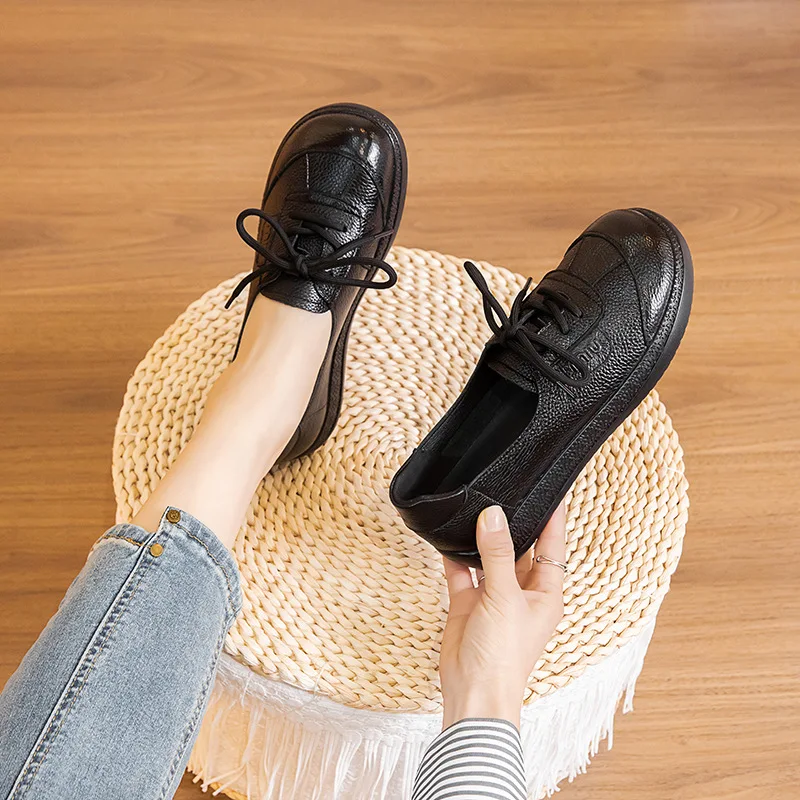 Geunine leather ethnic shoes for women 2025 plus size retro mom slip on moccasins woman casual real leather lace up sneakers