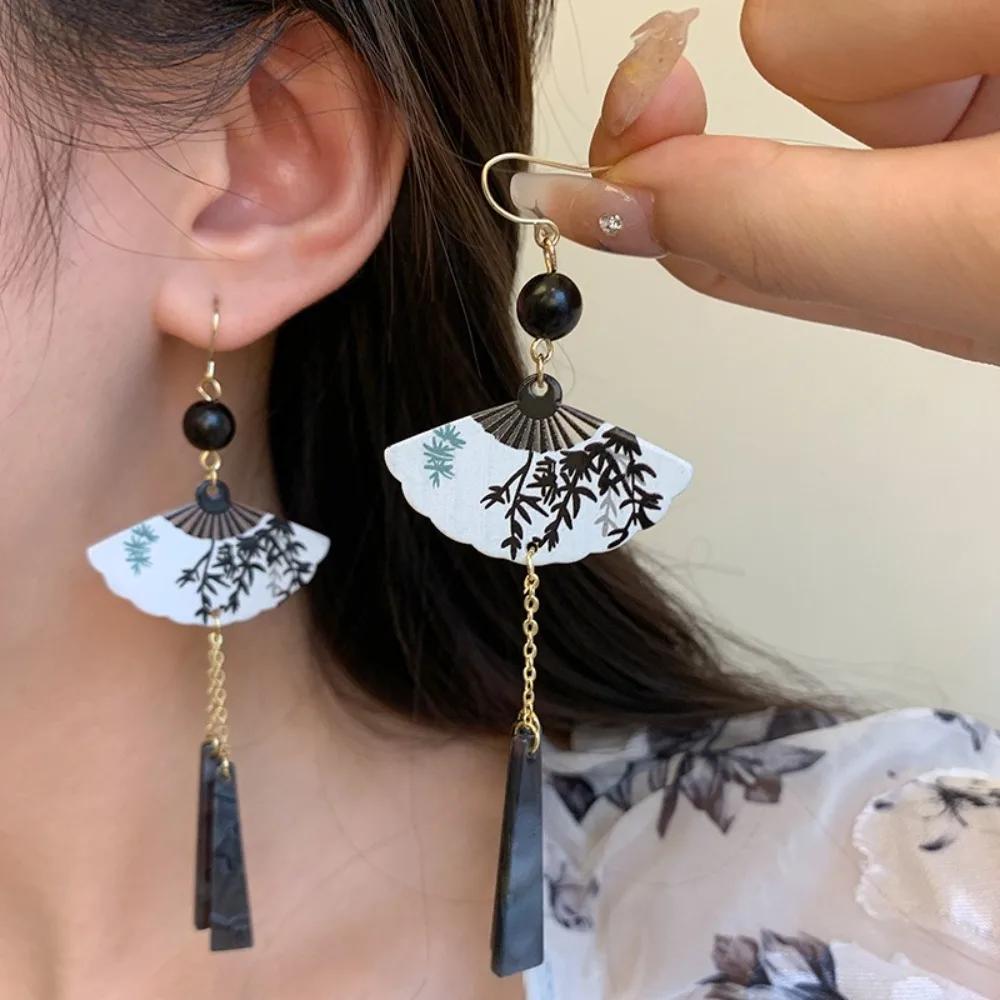Leaf Fan Shaped Drop Earrings Hook Piercing Tassel Chinese Style Earrings Accessories Ear Jewelry Exaggerated Long Earrings
