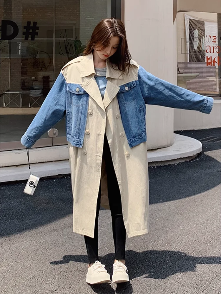 Trench Coat Women 2023 Spring New Large Size Windbreaker Fashion Splicing Denim Long Student Casual Trench Coats Femme Saco