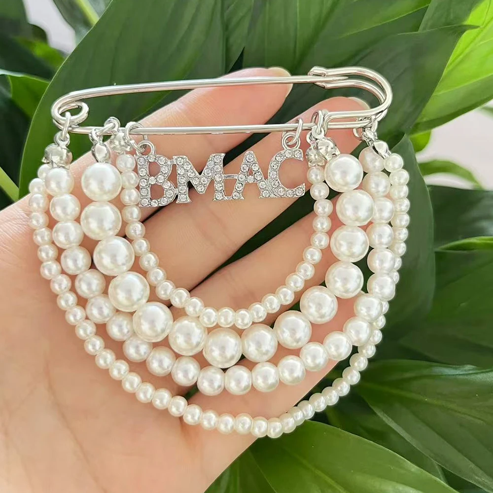 2025 New Greek Letter Inlaid Rhinestone BMAC Fraternity Sister Party Gift Pearl Brooch