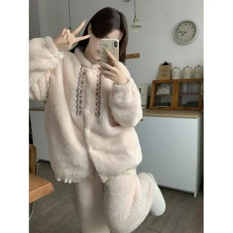 

Женский пижамный комплект, осенне-зимняя домашняя одежда для девочек, фланелевая коралловая флисовая теплая верхняя одежда, одежда для сна для девочек, утепленная пижама