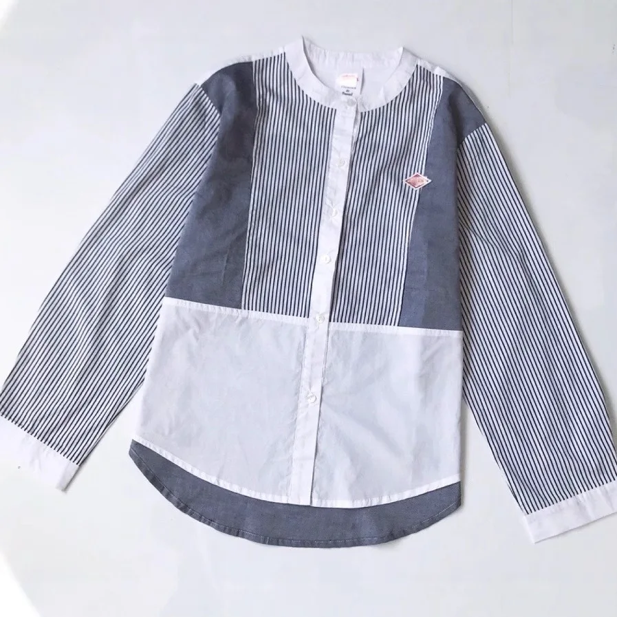 

Spring Casual Striped Splicing round Neck Long Sleeve Women's Shirt Loose Fashionable Slimming Versatile Cotton Classic