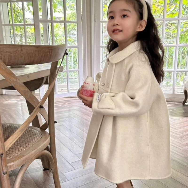 

Girls Woolen Coat Overcoat Jacket Windbreak 2023 Beige Warm Thicken Winter Cotton Teenagers Outwear Children's Clothing