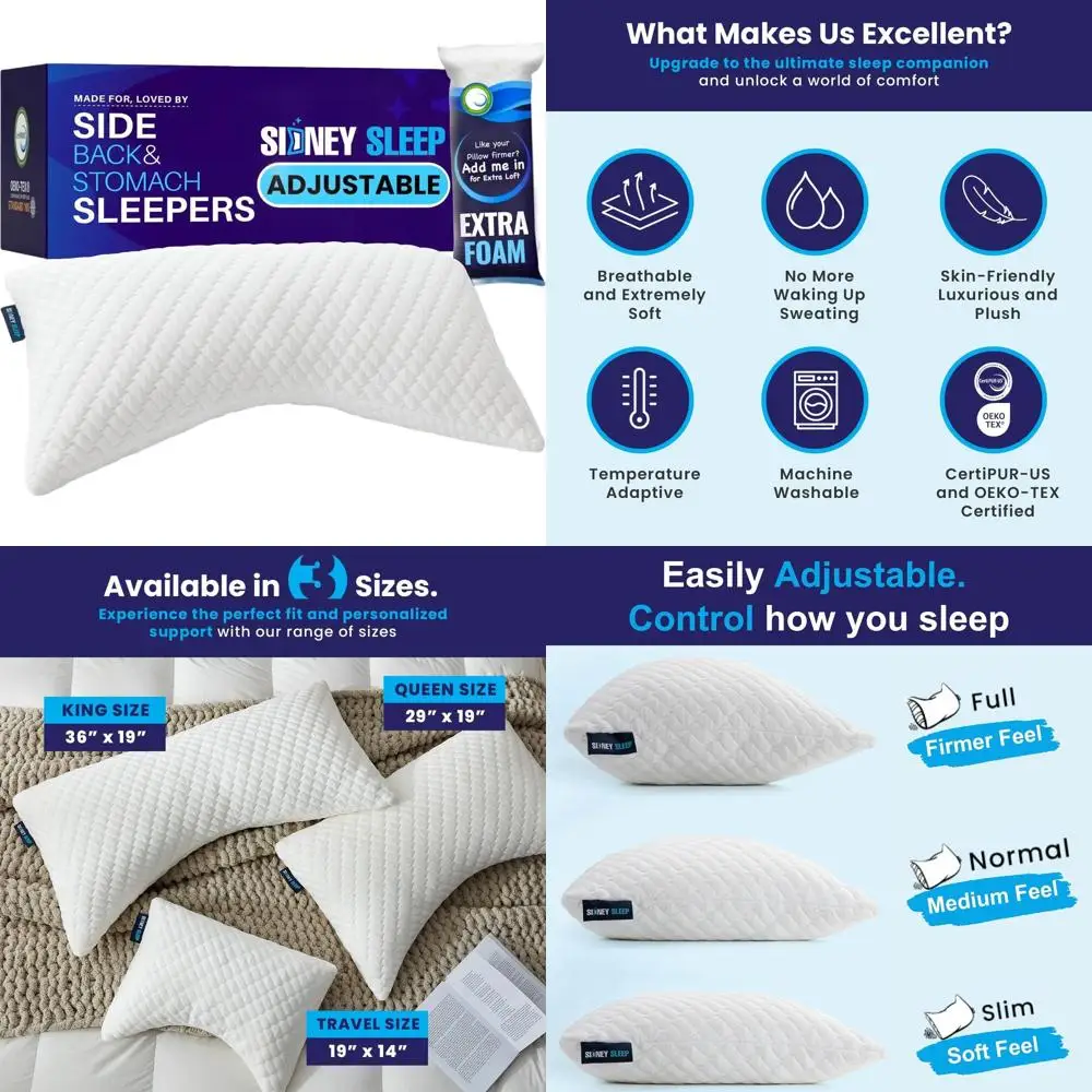 

Регулируемая подушка из пены с эффектом памяти для сна на боку и на спине - индивидуальная поддержка, размер King Size с дополнительным чехлом (белая)