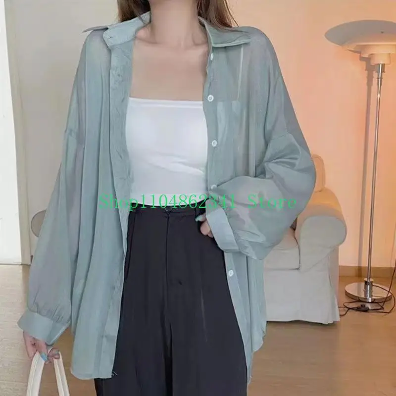 

5asd Women Sheer Button Down Cover Up Long Sleeve Mesh Solid Blouses Top Elegant Loose Long Sleeve See Through Shirt
