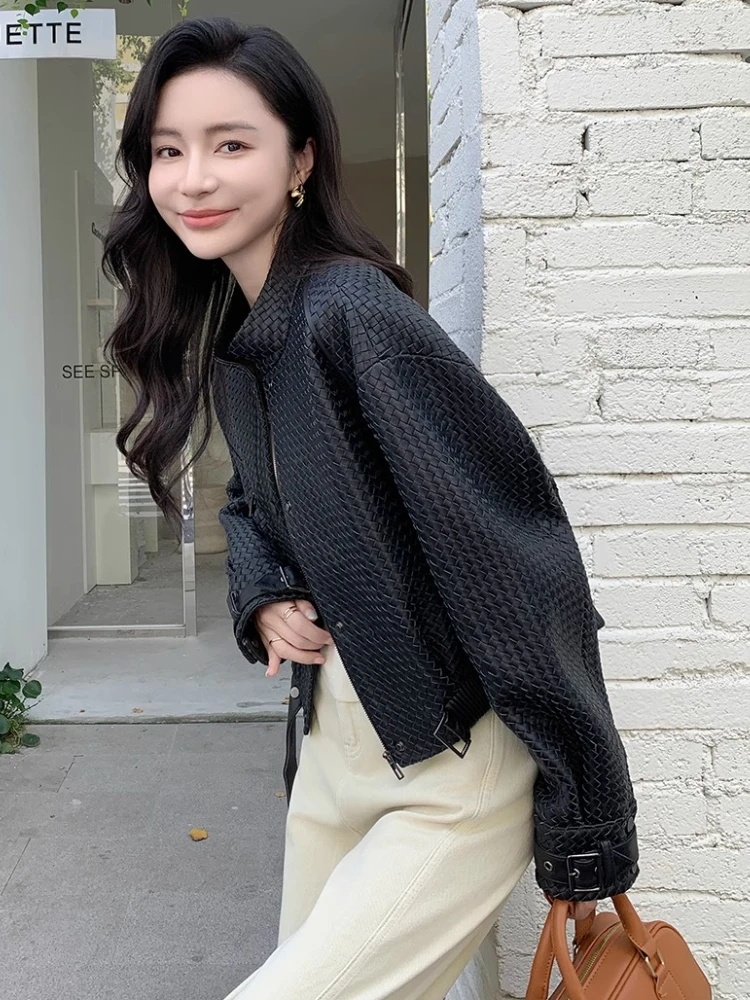 Casual Short Genuine Leather Woven Jackets for Women Spring Autumn High-end Simple Stand Collar Soft Black Real Sheepskin Coat