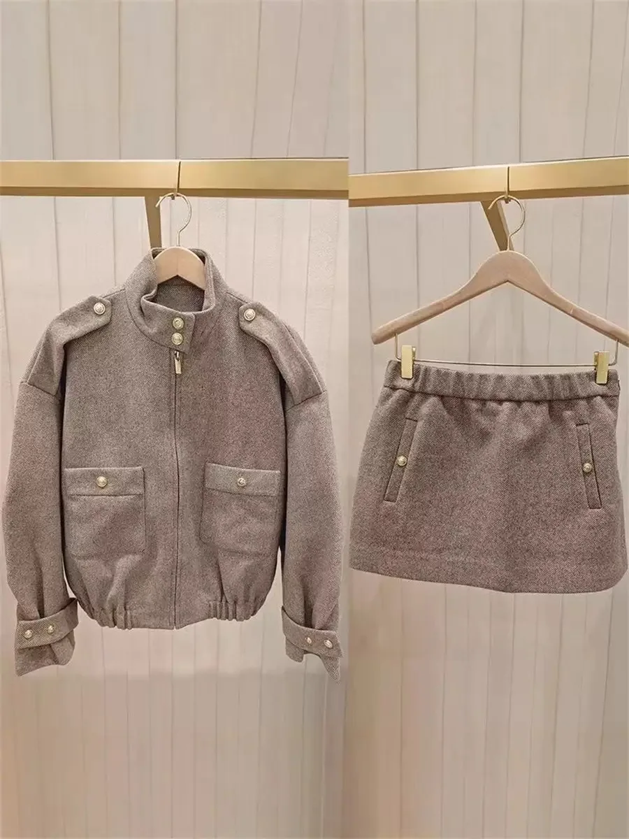 

M Home Autumn Winter New Sle Stand Collar oulder Button Houtooth Wool Jaet Loose Outerwear Elastic Waist ort Skirt...