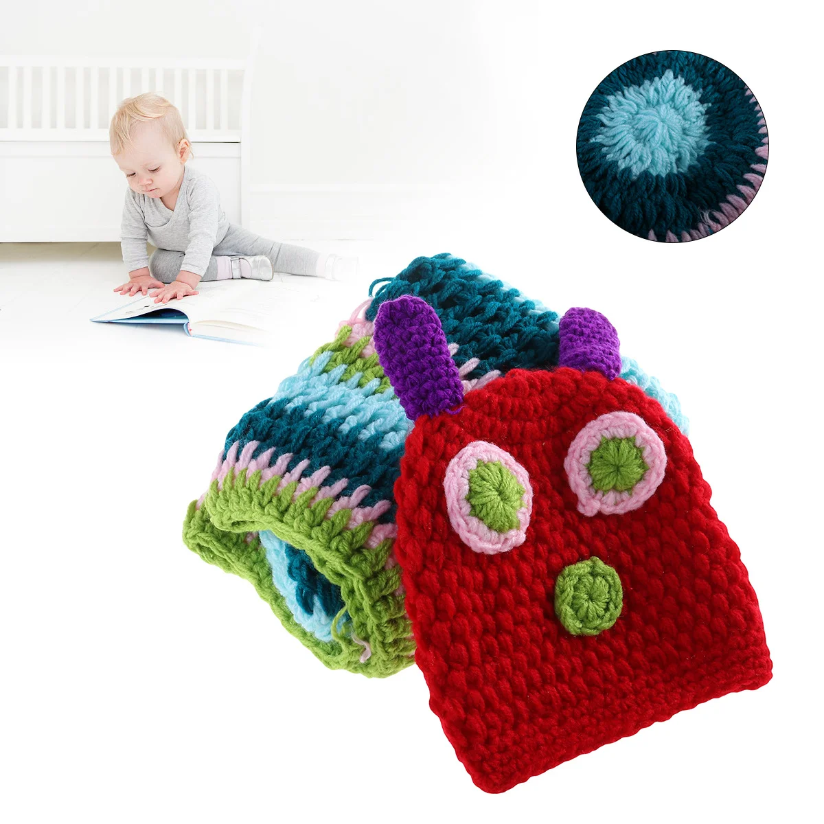 قبعة كروشيه للأطفال كاتربيلر زي اليدوية محبوك الملابس مجموعة لمدة 3-6 أشهر الرضع الوليد صور تبادل لاطلاق النار الدعامة