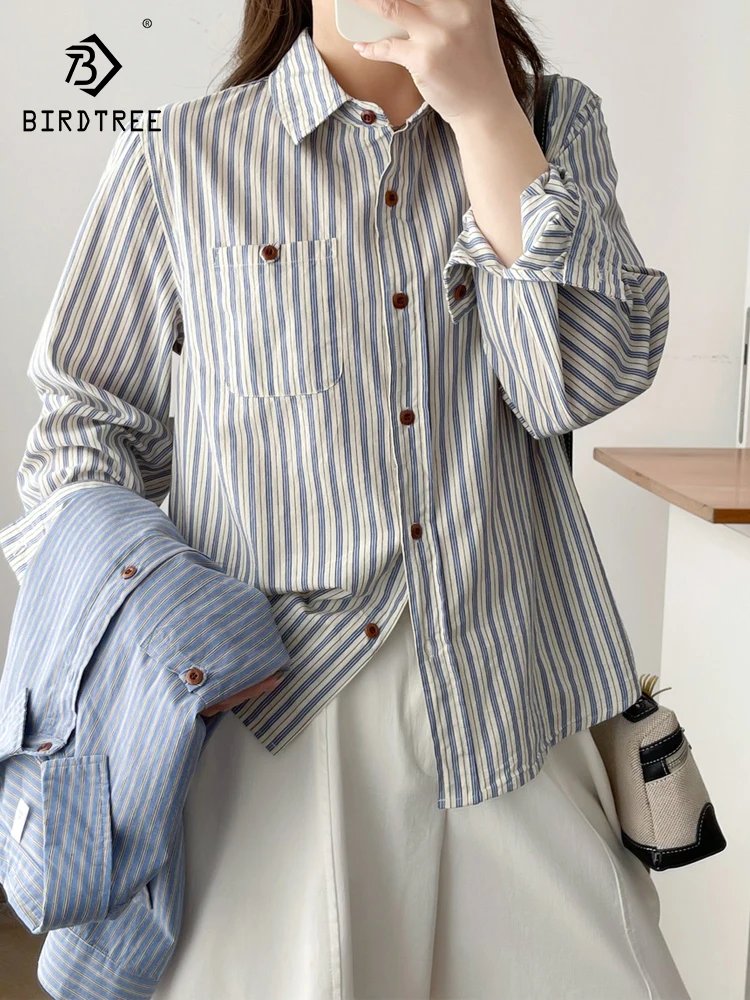 

Новая женская хлопковая рубашка с длинным рукавом на весну 2026, с отложным воротником, в полоску, в стиле Mori Girl, модная свободная блузка для офиса T63927CC