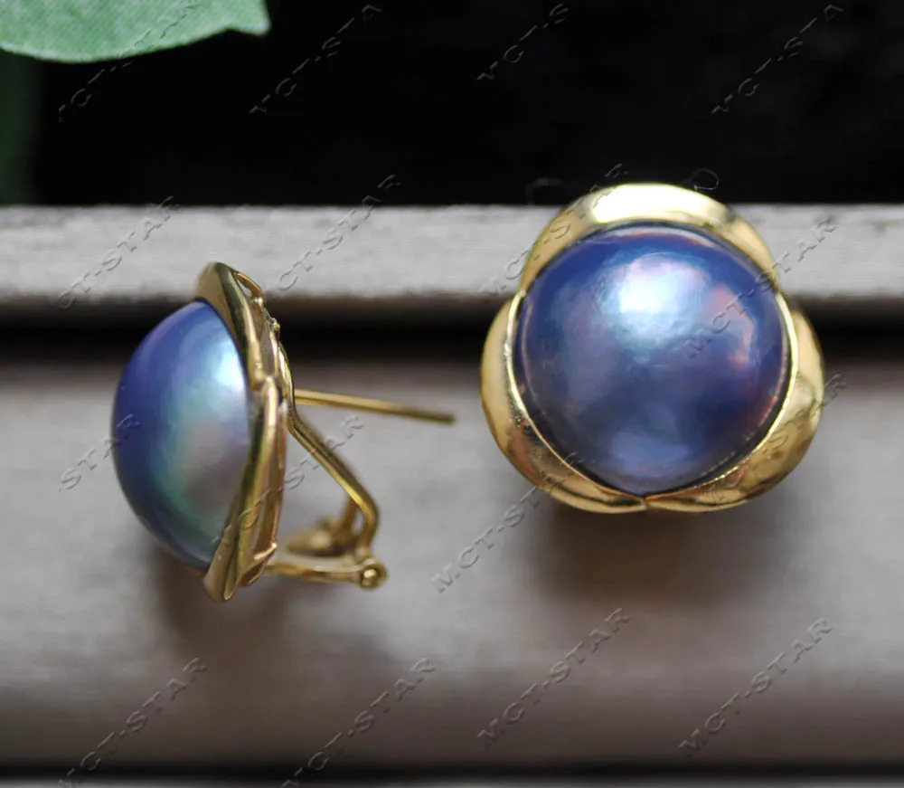 Z12930 Huge Real 20mm Blue South Sea Mabe Pearl Crescent Moon 925Silver Earring