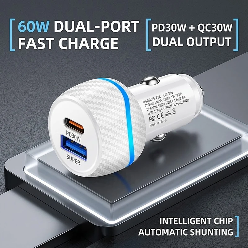 Dual Port 60W Fast Car Charger Carbon Fiber Texture Blue LED Light PD 30W QC 30W 12V-30V Cigarette Lighter Adapter For iPhone 17