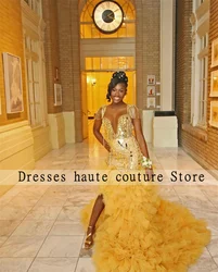 Sparkly Gold Tulle Sequins Prom Dresses For Black Girls 2024 Luxury Tassels Beaded Side Slit Evening Dresses Wedding Party Dress