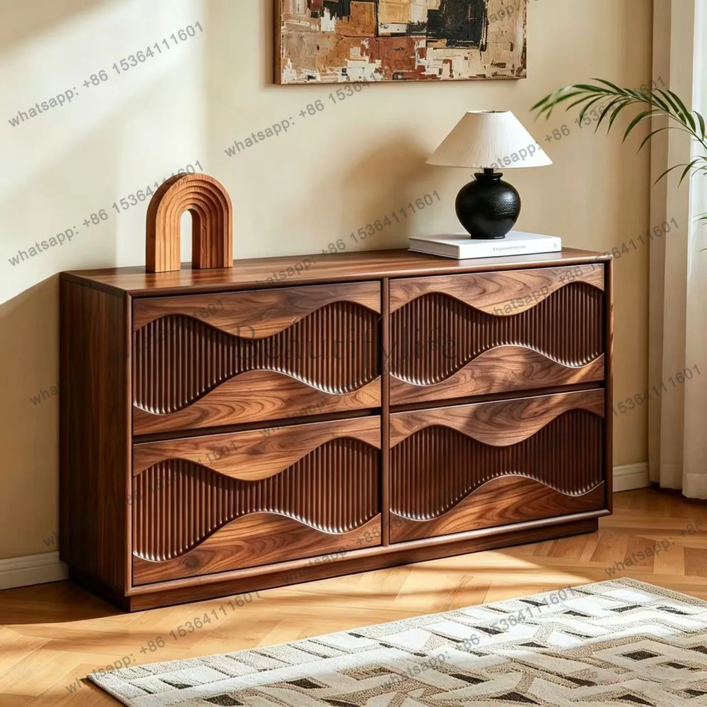 YJ new Chinese black walnut bucket cabinet three-dimensional wave vertical texture storage cabinet solid wood storage