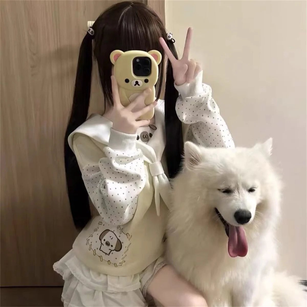 일본 만화 만화 강아지 프린트 ​ 여성용 스위트 세일러 칼라 참 스웨트셔츠 Y2K 에스테틱 물방울 무늬 로리타 후디