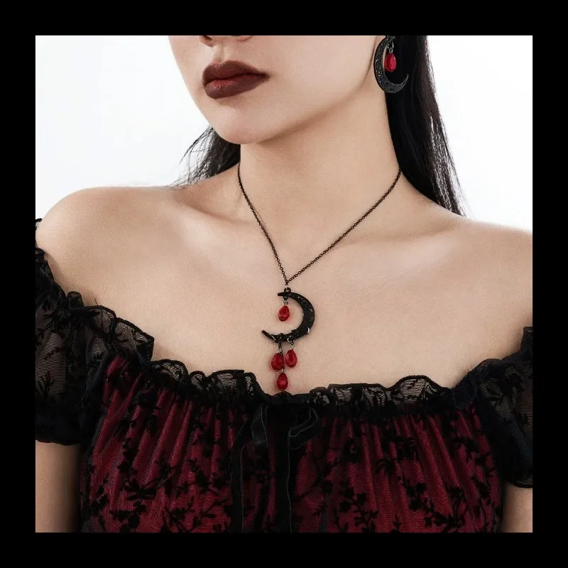 Colar de rubi com gota de água com franjas doces e legais, cristal crescente personalizado de Halloween