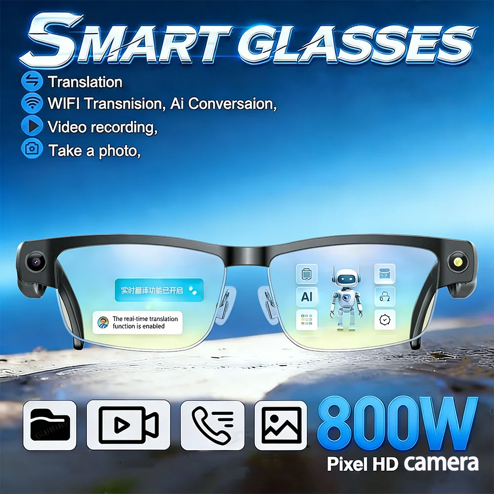 2026 New Al Smart Glasses 800W Camera 1200P anti-shake HD Video Recording Translation Voice Assistant Music BT Call SmartGlasses