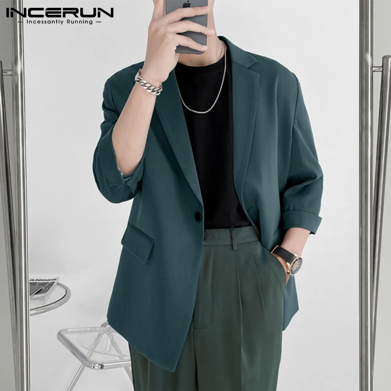 INCERUN-Chaqueta de moda para hombre, ropa de calle con solapa de Color sólido, manga 3/4, trajes de ocio con un botón, chaquetas finas informales,