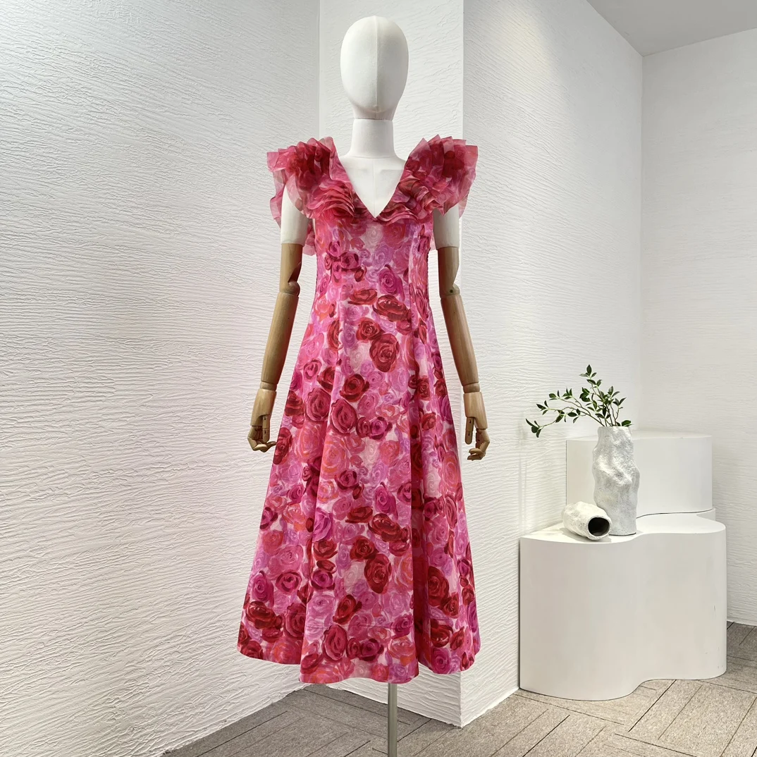 Rose Rode 2024 Vrouwen Romantische Collectie Bloemenprint Hoge Kwaliteit Ruches Diepe V-Hals Mouwloze Halter Zwarte Zomer Mini Jurk