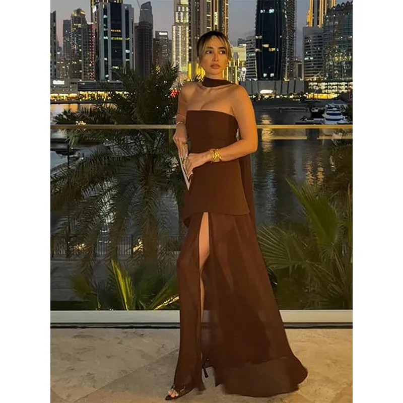 

Elegant Strapless Long Dress Women Sexy Patchwork Mesh Sleeveless Sacrf Vestidos Female 2025 Spring Split Evening Dresses Lady