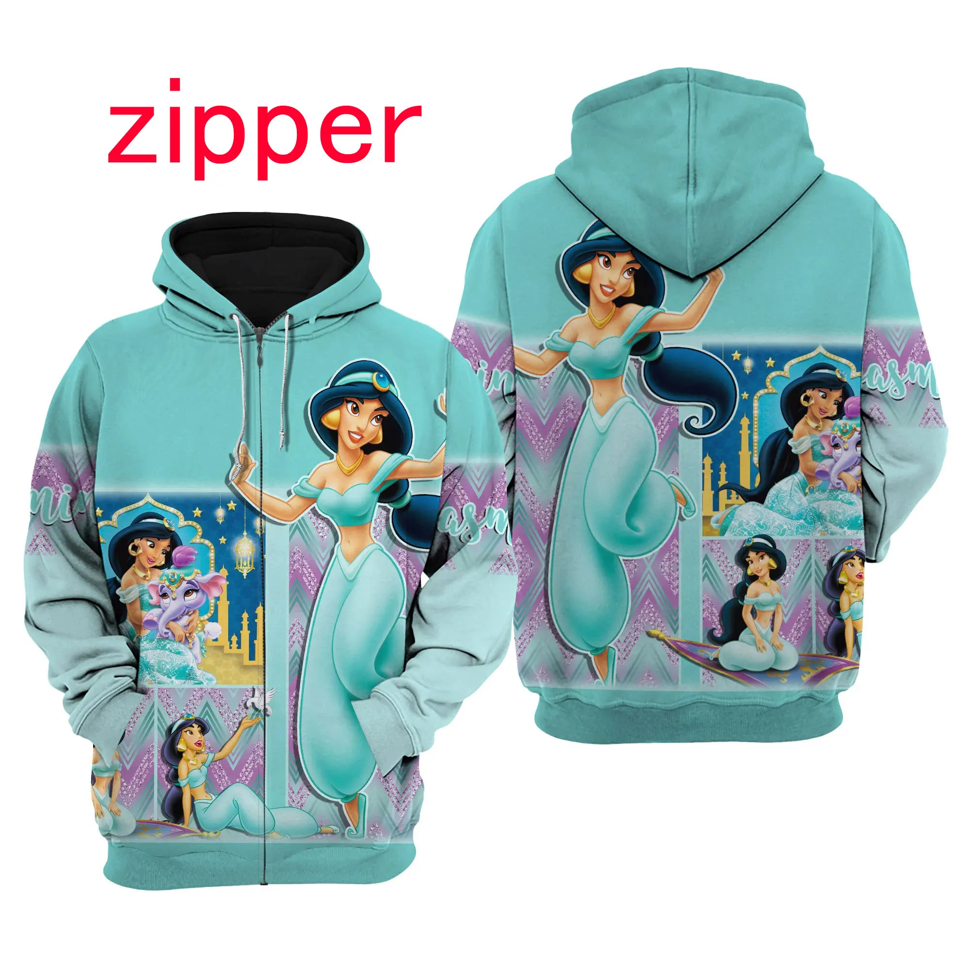 Spring and Autumn 3D Printing Jasmine Princesses New Men\'s Pullover Women\'s and Children\'s Cosplay Large Fashion Zipper Hoodie