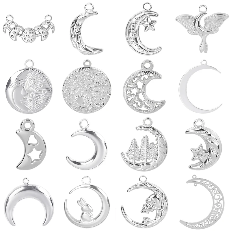 Fashion Moon Charm Pendant Metal 304 Stainless Steel Charms For Jewelry Making Supplies Wicca Components DIY Earrings Bracelets